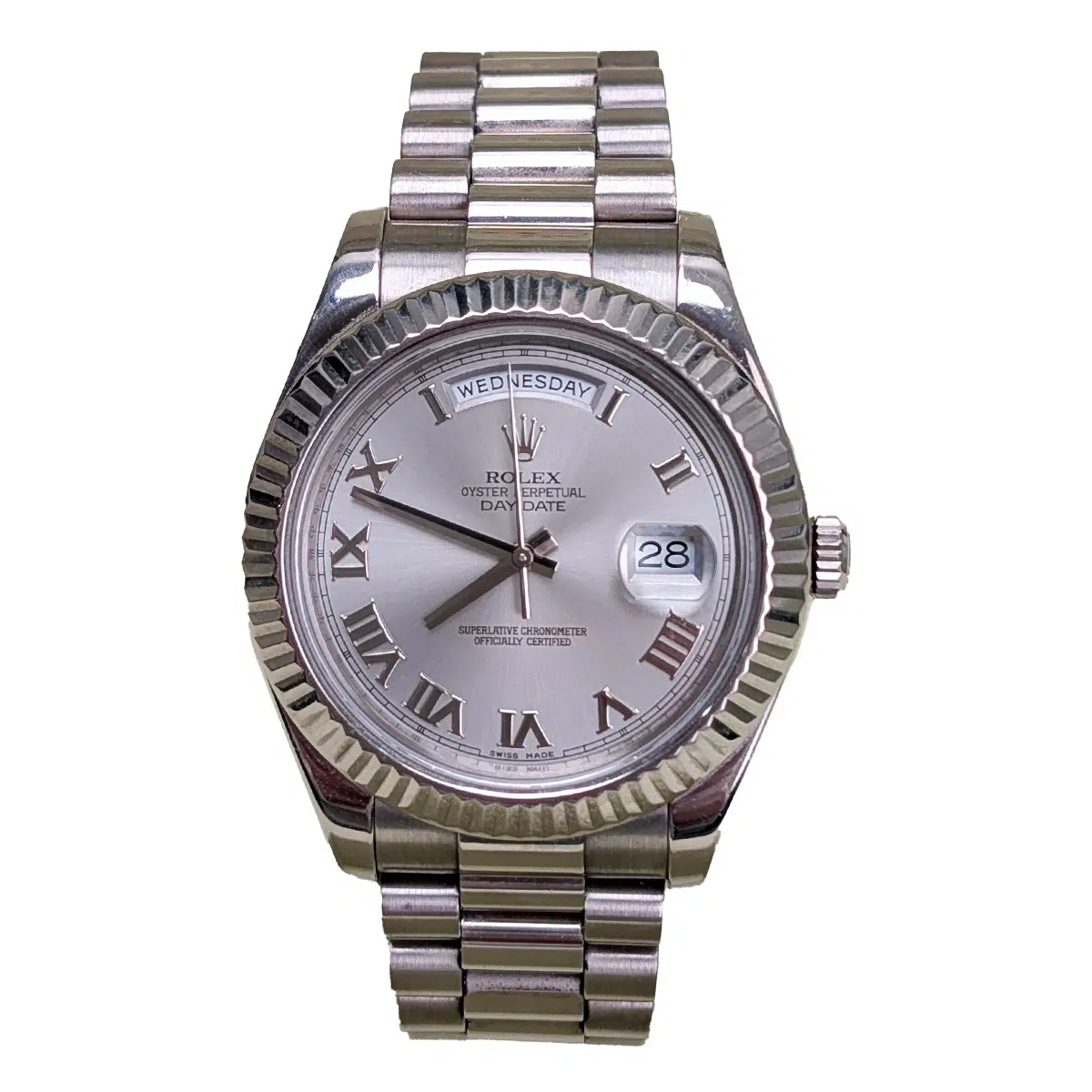 Rolex Day-date II 218239 Fluted Bezel Rhodium Roman Dial 41mm