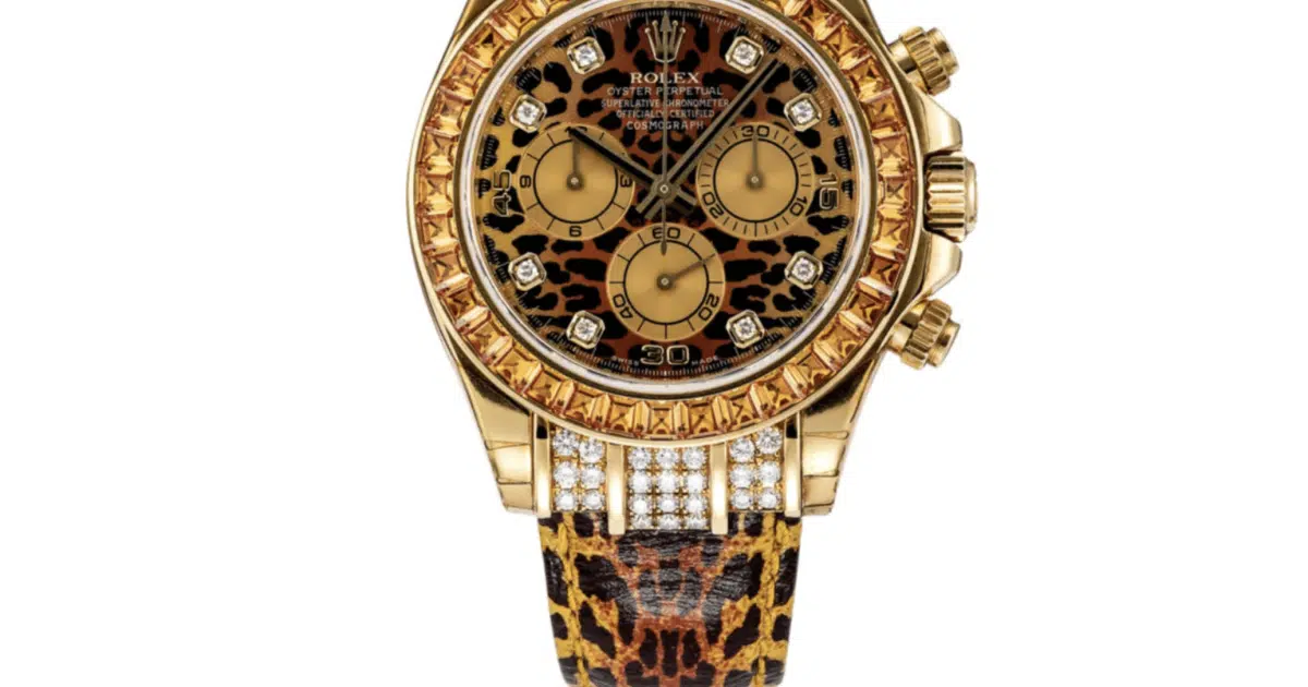 Rolex Daytona Leopard 116598SACO 18k Yellow Gold Diamond and Baguette Cut Orange Sapphire Set Luxury Watches USA