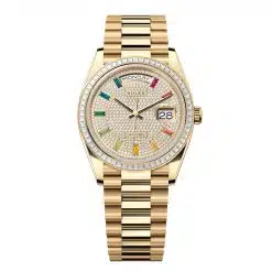 Rolex Day-Date 128398TBR-0012 Diamond-Paved 36mm Dial Diamond Set Bezel Yellow Gold President Bracelet Watch