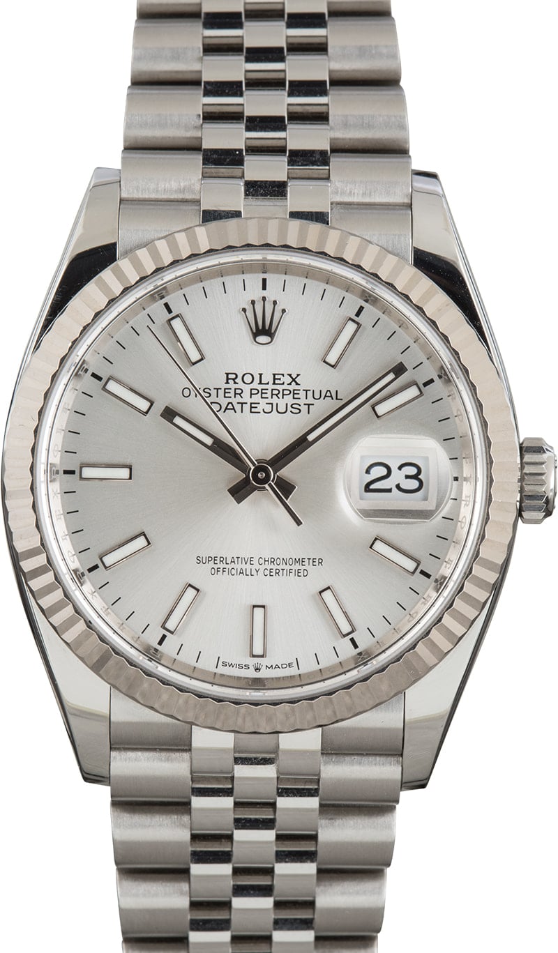 Rolex Datejust 36 reference 126234 with silver dial, white-gold fluted bezel, and Jubilee bracelet